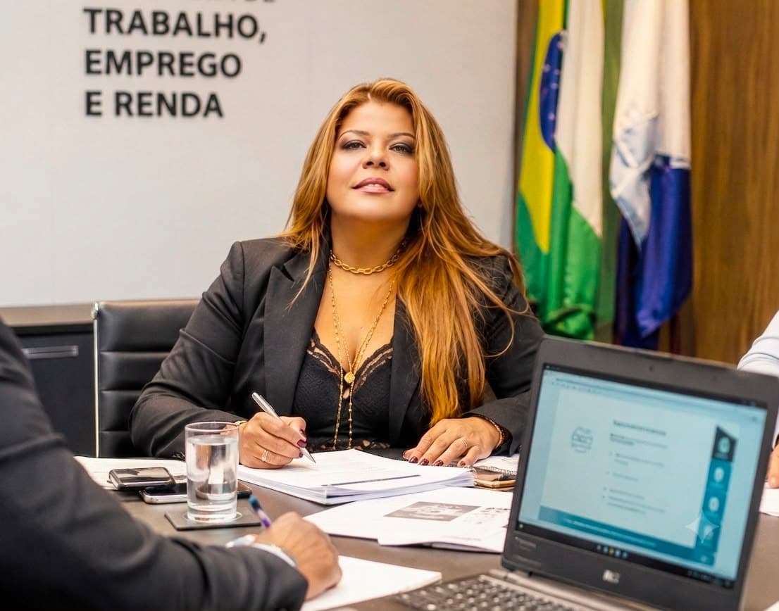Denise Ana de Jesus, presidenta do SINTRAMAERJ, sentada à mesa de reunião na Secretaria de Trabalho, Emprego e Renda do Estado do Rio de Janeiro
