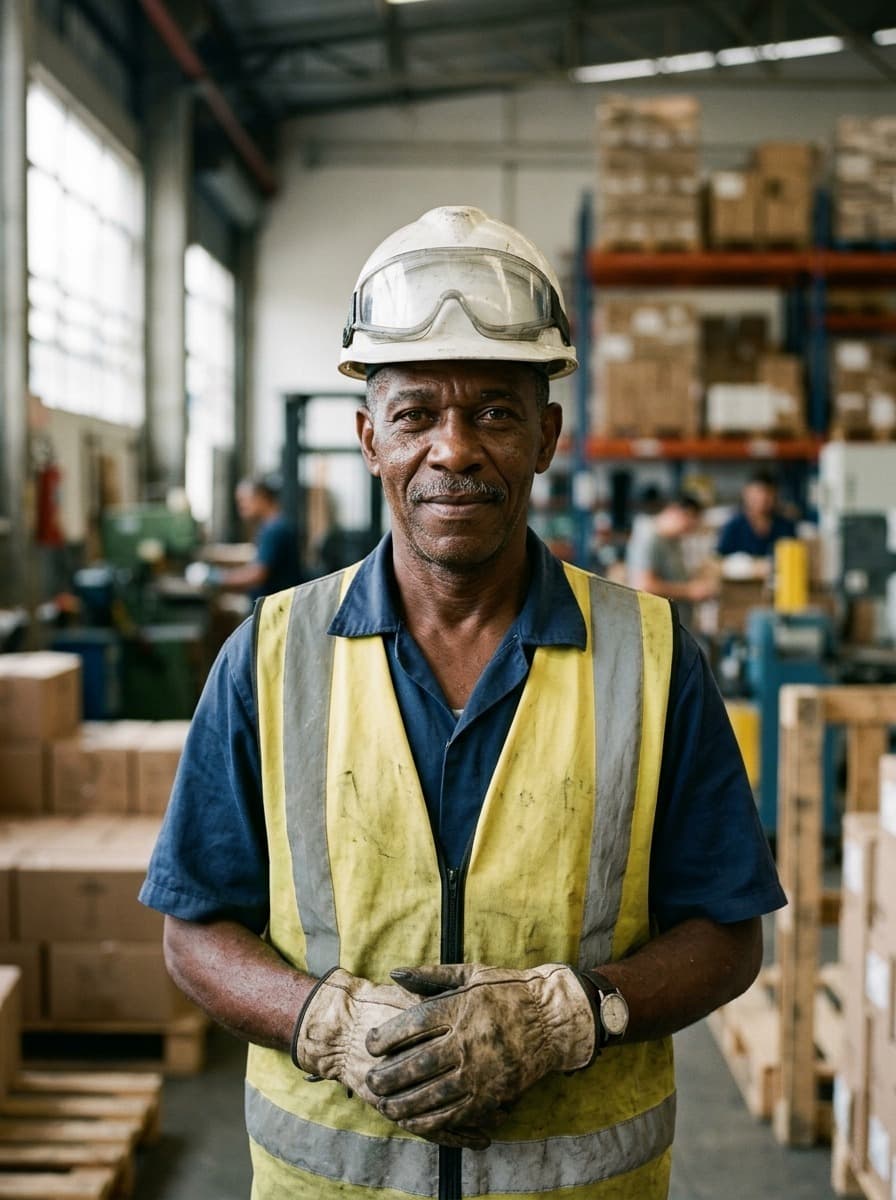 Trabalhador da movimentação de mercadorias com equipamento de proteção individual completo